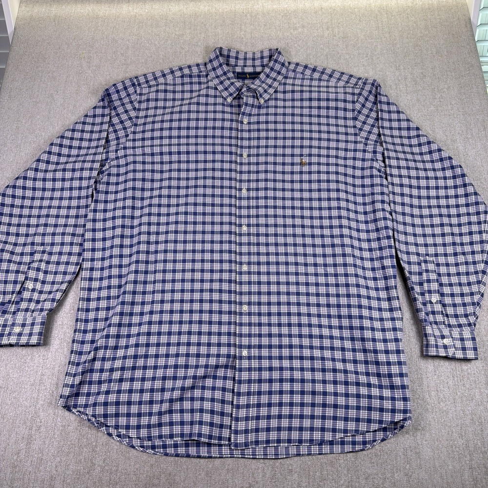 Polo Ralph Lauren Button Down‎ Men 2XLT Blue Red Check Preppy Pony Long Sleeve